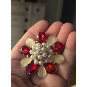 Starbust Brooch Brilliant Red Cream Faux Pearl Rhinestone Vintage 50s. Stunning!